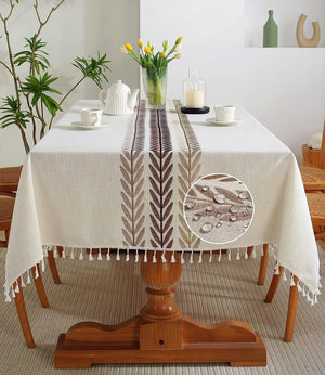 Farmhouse Tablecloth Rectangle Wrinkle Free Table Cover with Tassels, Beige Wheat, 55''x55'', 4 Seats