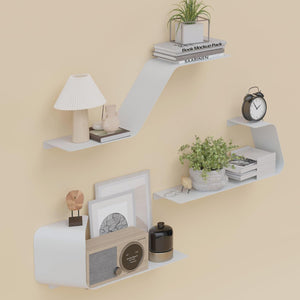 Set of 3 Wall Mounted Metal Shelves with Unique Design for Wall Storage, Book Shelf, White