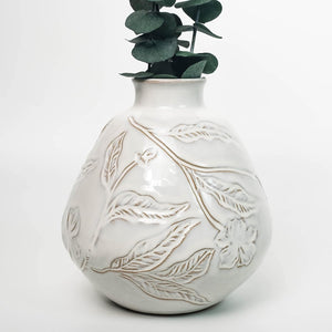 Rustic Flower Carve White Vase