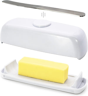 Magnetic Butter Dish with Lid and Knife, Plastic, Dishwasher Safe (White)