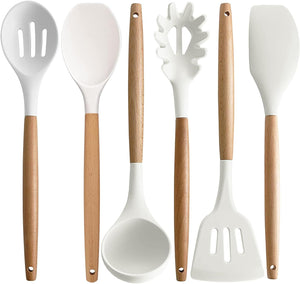 6Pcs Non-Stick Silicone Cooking Kitchen Utensil Spatula Set, Heat Resistant Wooden Handle Kitchen Gadget