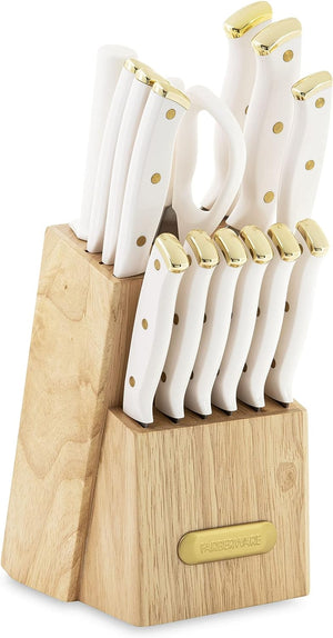 15-Piece Triple Riveted Knife Block Set, High Carbon-Stainless Steel Kitchen Knives, White and Gold