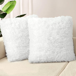 Set of 2 Decorative Throw Pillow Covers 18x18, Pure White Fluffy Pillowcases