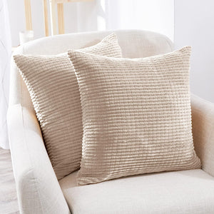 Cream Stripe Pattern Square Soft Cushion Corduroy Pillow Covers, 18x18 Inch, Set of 2