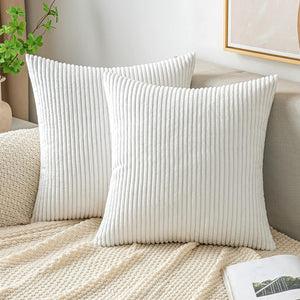 White Corduroy Decorative Soft Striped Square Cushion Covers Spring Pillowcases, Pack of 2, 18x18 Inch