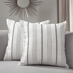 Set of 2 Farmhouse Decorative Cream/Off-White with Charcoal Stripes Square Pillow Covers, 18 x 18 inches