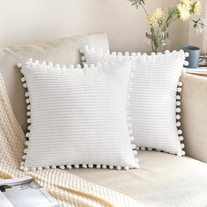 Pack of 2 White Boho Throw Pillow Covers with Pom-Poms Corduroy Cushion Case, 18x18 inches