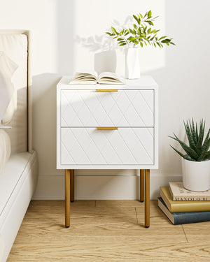 Small Side Table with 2 Drawers, Bedside Furniture, Night Stand, End Table with Gold Frame, White