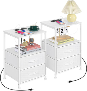 Set of 2 Small Night Stand White Bedside Table with 2 Fabric Drawers with Charging Station, White