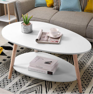 Coffee Table Oval Wood with Open Shelving for Storage and Display 2 Tier, White