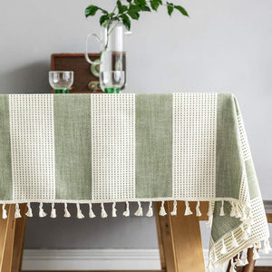 Heavy Duty Cotton Linen Tablecloth for Rectangle Table Stitching Tassel Table Cloth (55"x70", Green)