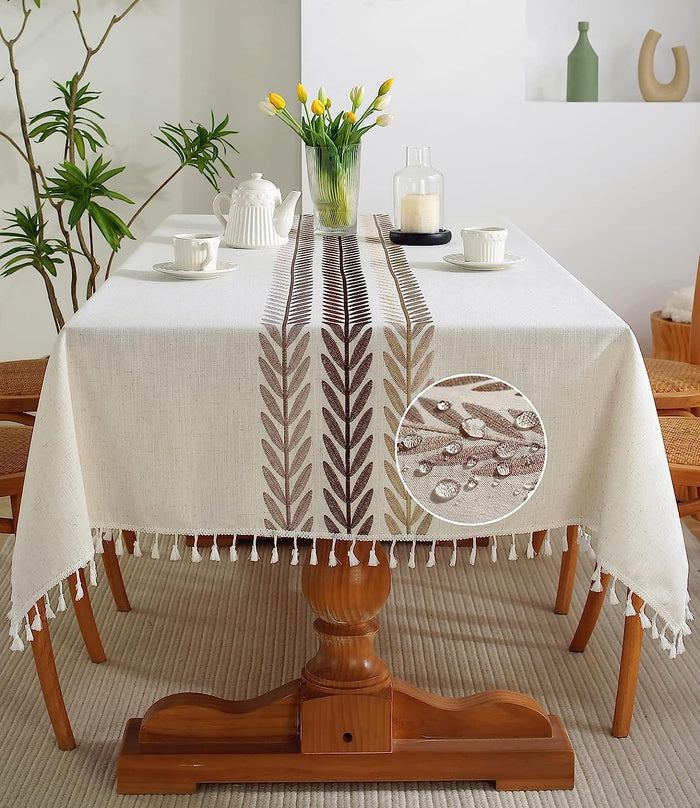 Farmhouse Tablecloth Rectangle Wrinkle Free Table Cover with Tassels, Beige Wheat, 55''x55'', 4 Seats