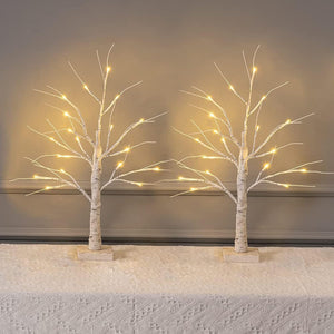 2 Pack 24” 2FT Lighted Birch Tree with 18LT Warm White LEDs, Christmas Decorations Indoor Battery Powered Timer, Artificial Branch Trees
