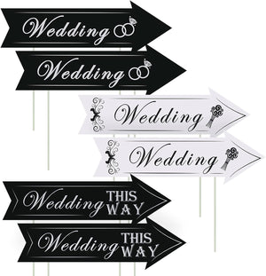 Set of 6 Wedding Directional Yard Signs with Stakes, This Way Arrow Black & White