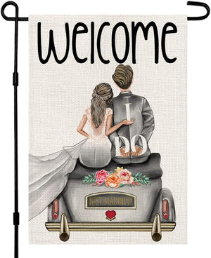 Welcome Bride and Groom Wedding Garden Flag 12 x 18 Inches, Vertical Double Sided