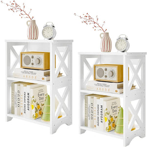 2 Pack End Table Side Table 3 Tier Bedside Nightstand, Small Bookshelf Bookcase, White