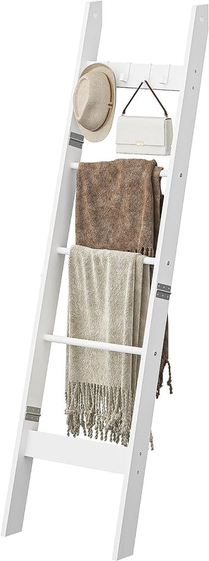 Decorative Wood Quilt Rack with 4 Removable Hooks, 5-Tier Farmhouse Ladder Holder Organizer
