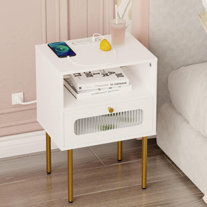 Nightstand with Charging Station, Mid Century Modern Bedside Tables with Glass Decorative Door, White