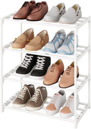 Stackable Kids Shoe Stand, Narrow Shoe Storage Shelf for 8-10 Pairs of Shoes (4-Tier, White)