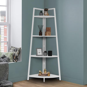 4-Tier Display Shelves, Ladder Corner Wood Storage Plant Bookshelf with Metal Frame, White
