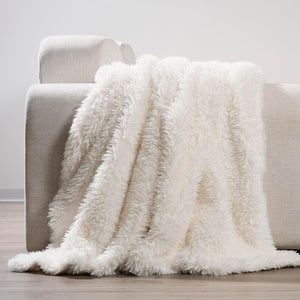 Luxury Fluffy Faux Fur Throw Blanket with Long Pile, Warm Fuzzy Ivory White Throw Blankets