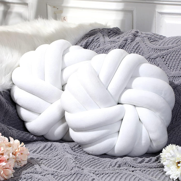 2 Pcs Decorative Pillows 14 x 14 Inch Throw Knot Pillow, Handmade Chair Cushion (White)