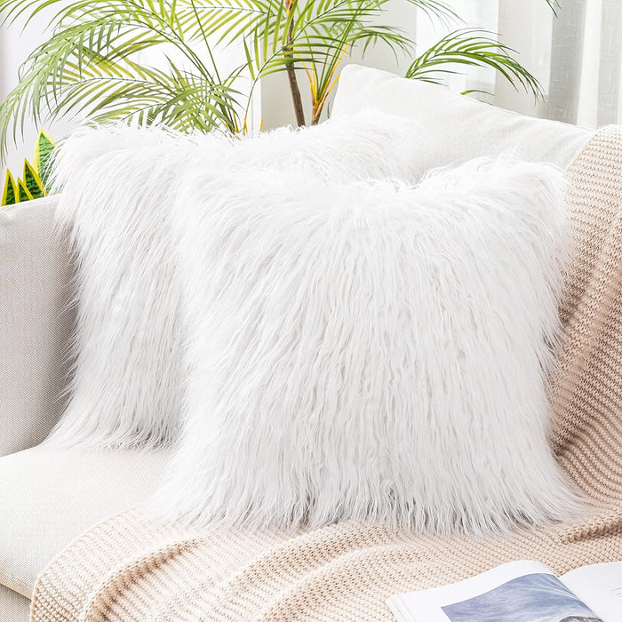 Pack of 2 Decorative Faux Fur Throw Pillow Covers, White, 20 x 20 Inch