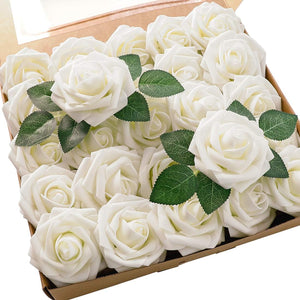 25pcs Real Looking Ivory Foam Fake Roses with Stems for DIY Wedding Bouquets