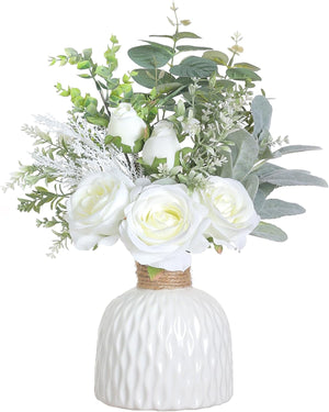 Artificial Flowers with Ceramic Vase,Faux Silk Roses and Fake Plant Eucalyptus in Vase (White)