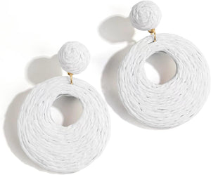 Statement Raffia Circle Earrings, Boho Rattan Earrings for Women - Handwoven Straw