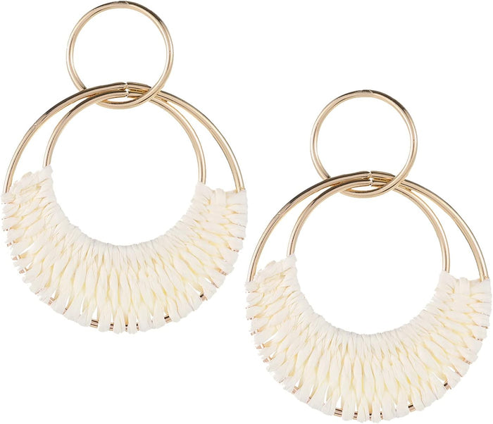 Rattan Weave Earrings Boho Summer Raffia Hoop Dangle Earrings for Women Girls