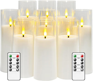 Flickering Flameless Candles Battery Operated with Remote and 2/4/6/8 H Timer Plexiglass Led Pillar Candles Pack of 9