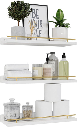 Floating Shelves with Gold Metal Guardrail, Shelves for Wall Decor Set of 3