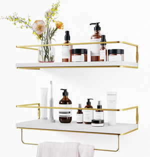 White Floating Shelves Set of 2, Bathroom Shelves Wall Mounted with Towel Bar, Gold