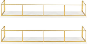 24 inch 2-Pack Wood and Metal Floating Wall Shelves, White and Gold