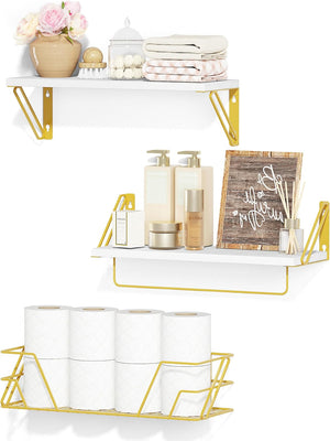 2+1 Floating Shelves for Wall, Bathroom Shelves Over Toilet with Metal Bar (White & Gold)