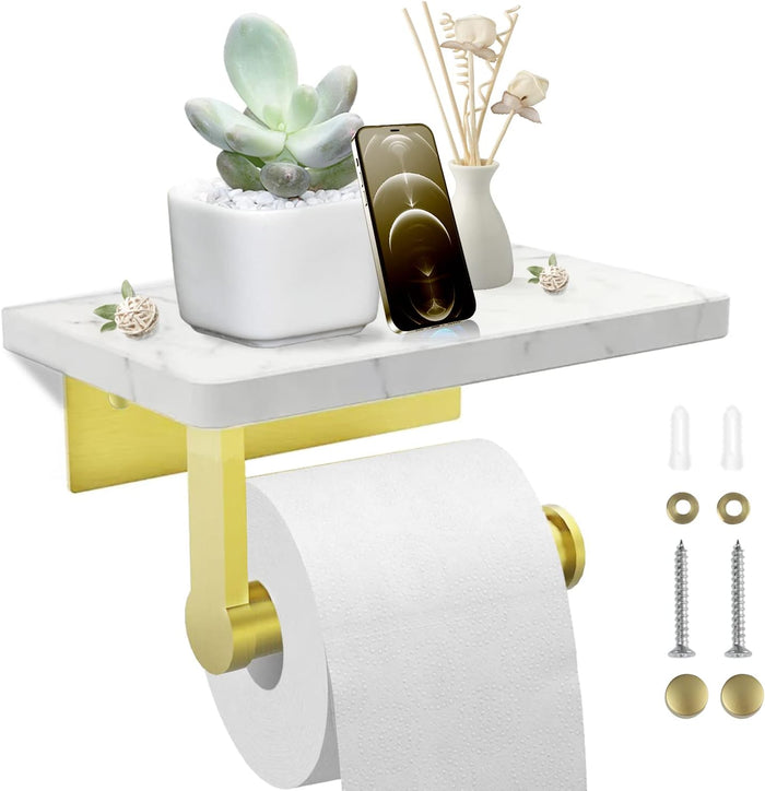 Gold Toilet Paper Holder with Shelf, Marble Paper Shelf Bathroom Wall Mounted