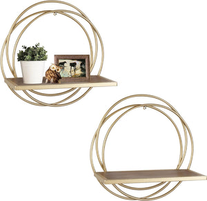 Small Floating Shelves Set of 2, Wall Mounted Hanging Shelf with Gold Metal and Wood