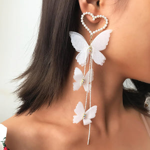 White Butterfly Beaded Heart Nickel Earrings for Women Girls