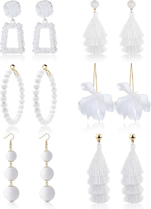 6 Pairs Tassel Earrings Raffia Earrings Statement Earrings Dangle Geometric, White Tone