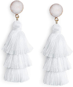 Layered Tassel Earrings Bohemian Tiered Tassel Druzy Stud Dangle Drop Earrings, White