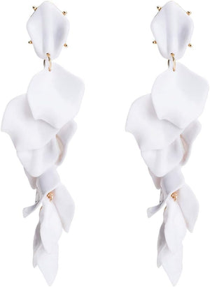 Vintage Long Acrylic Romantic Leaves Rose Petal Dangle Earrings, White
