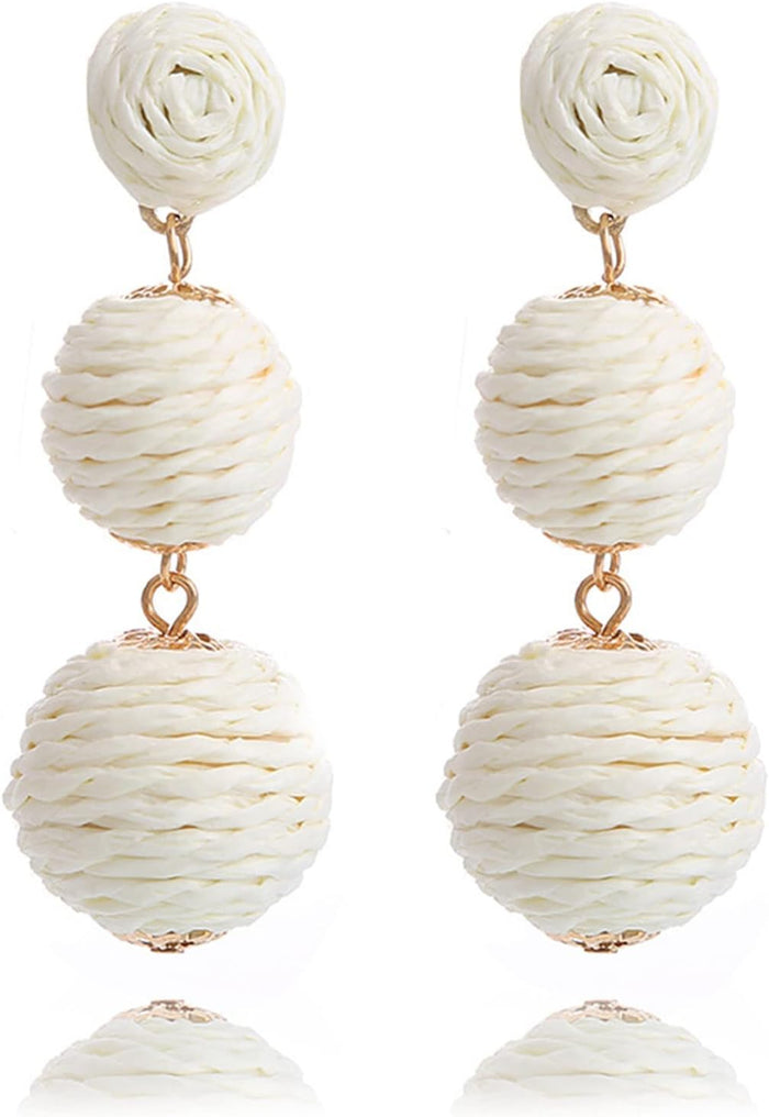 Bohemian Woven Rattan Straw Wicker Raffia Ball Drop Dangle Earring, White