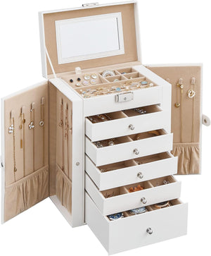 6 Tier Jewelry Box, Jewelry Case with 5 Drawers, Large Storage Capacity, with Mirror, White