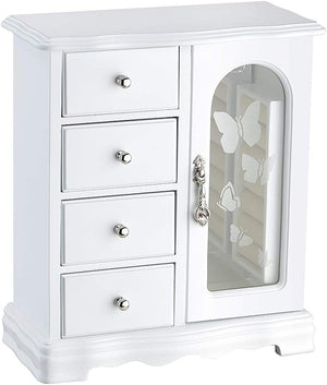 Jewelry Box - Made of Solid Wood with 4 Drawers Organizer and Built-in Necklace Carousel and Large Mirror White