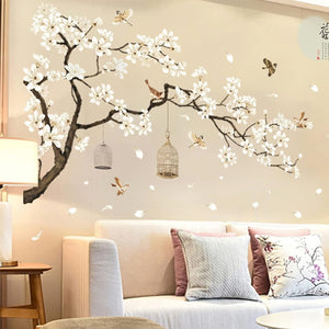 Large White Flower Wall Stickers, 50"x74" Removable DIY Romantic Cherry Blossom Tree Wall Murals