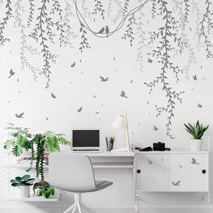 Hanging Willow Branch Wall Stickers DIY Grey Vine Leaf Plant Wall Decals Peel and Stick