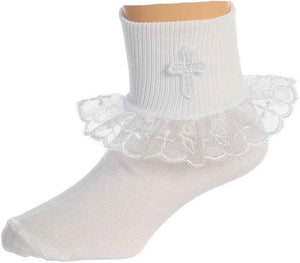 Girls White Baptism First Communion or Christening Socks with Cross and Ruffle (Size  9-11, White)