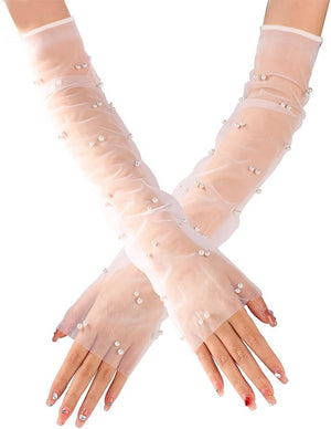 Long Wedding Tulle Gloves White Pearl Bridal Gloves Elbow Length Summer Fingerless Gloves for Women and Girls, White