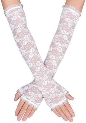 Women's Long Lace Fingerless Gloves Bridal Elbow Length Gloves Long Lace Floral Gloves for Wedding Opera Tea Party, White